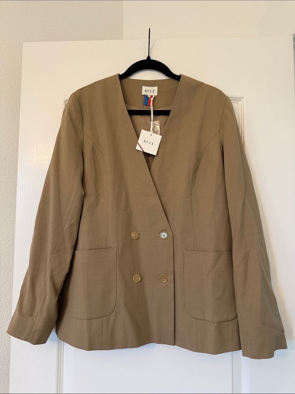 KULE Women's Tan Double-Breasted V-Neck Wool Blazer